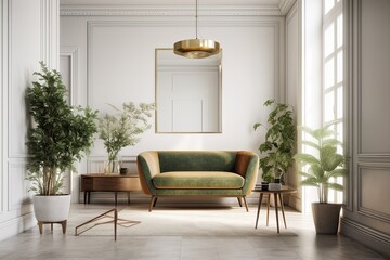 Fototapeta premium Interior living room with a lovely seat against a white background. Generative AI