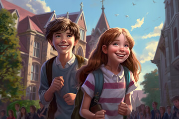 A boy and a girl are walking down the street. Generative AI. Back to school creative illustration.