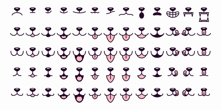 Vector Dog Face Design Elements, Different Emotions. Dog Mouth, Tongue, Nose Isolated. Dog or Cat Face with Closed and Opened Mouth Icons Closeup Set, Collection for Vet Logo, Emblem, Pet Care, Canine