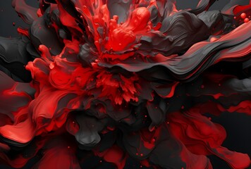 Abstract design with red and black flame shaped lines on black background in liquid emulsion style