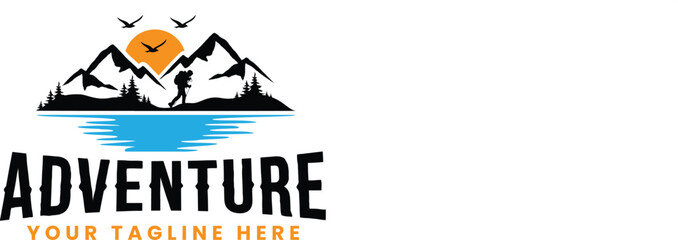 adventure logo, mountain travel, mountain peak logo, mountain silhouette with hiking man logo design vector