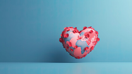 Weltkugel in Herzform mit roten Blüten. Symbolisch für den Weltherztag (World Heart Day). (Generative AI)