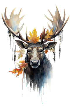 A painting of a moose wearing a crown of leaves. Generative AI. Tribal native american spirit illustration.