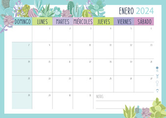 Calendario Planificador 2024 en Español - Tamaño A4 - Mes de Enero	 - obrazy, fototapety, plakaty