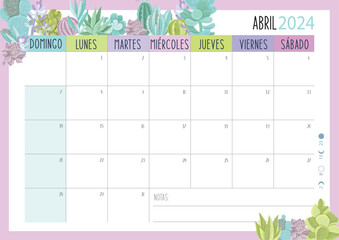 Calendario Planificador 2024 en Español - Tamaño A4 - Mes de Abril	 - obrazy, fototapety, plakaty