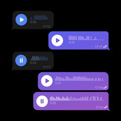 Set voice messages icon with sound wave for social media. Sms template bubbles for compose voice dialogues. Dark interface design. Vector illustration on a white background.
