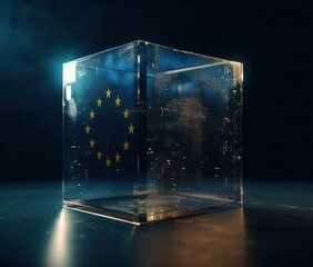 blue cube with the emblem of the European Union on a dark background. Generative AI