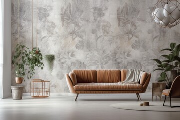 Interior design of a contemporary living area featuring a frotte chair, a plant, and contemporary housewares. A wallpaper design. housing staging Template. Copy space Actual image. Generative AI