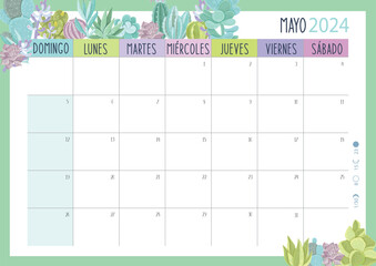 Calendario Planificador 2024 en Español - Tamaño A4 - Mes de Mayo - obrazy, fototapety, plakaty