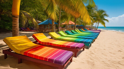 Naklejka na ściany i meble Rainbow colors striped sunbeds on sandy beach with palm leaves near sea. Beach chair on tropical beach summer vacation concept. Realistic 3D illustration. Generative AI