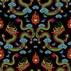 Seamless pattern happy chinese new year 2024 the dragon zodiac sign with asian elements paper cut style on color background. ( Translation : happy new year 2024 year of the dragon )
