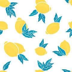 Fototapeta na wymiar Yellow lemon and blue leaves seamless repeat pattern on white background.Whole citrus is arranged randomly.Fruits print on fabric and paper.Tropical endless wallpaper.Vector flat illustration.