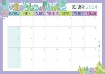 Calendario Planificador 2024 en Español - Tamaño A4 - Mes de Octubre - obrazy, fototapety, plakaty