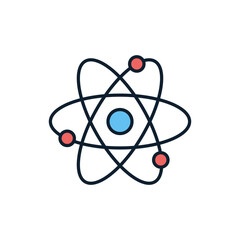 Atom related vector line icon. Nuclear energy source. Science symbol. Atomic structure model. Electrons, neutrons and protons. Atom core elements. Nuclear matter and power. Vector illustration