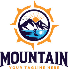 vintage adventure logo, mountain retro, mountain travel, mountain sunset logo, mountain with compass silhouette premium logo design vector