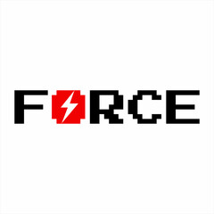 Force letter logo design illustration in pixel style. Isolated on a white background. Force logo design with lightning on letter O. Can be used for t-shirt design.