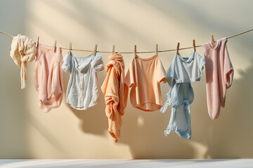 A row of clothes hanging on a clothes line. Generative AI.