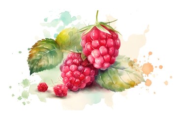 Ripe raspberry on white background, watercolor illustration. Generative AI.