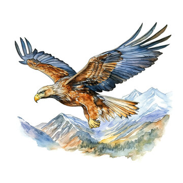 A painting of an eagle flying over a mountain range. Generative AI.