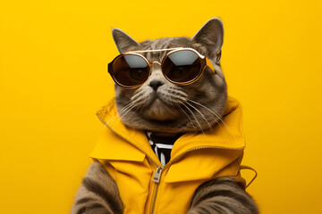 Grey cat in sunglasses in yellow vest. yellow background.clothing and fashion for animals. generated by AI. Generative AI