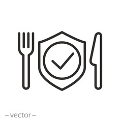 ecological pure product icon, food safety tested in laboratory, shield with fork and knife, editable stroke vector illustration