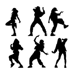 Vector illustration. Hip hop dancer silhouette. Girl on the move. Big set of poses.