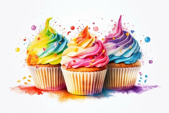 Illustration of colorful cupcakes with rainbow colors on white background. Generative AI