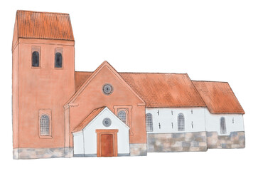 Typical Danish medieval church, hand drawn