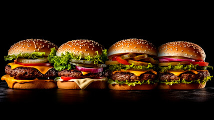 Four big juicy hamburgers with patty, vegetables, sauce and cheese. Studio shooting. Generative Ai - obrazy, fototapety, plakaty