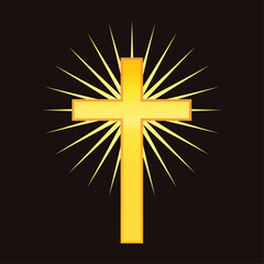 Golden cross with shining light on a dark brown background. A symbol of the love of Jesus. God vector illustration. Catholic symbol flat vector, gold cross with glow. Christian cross symbol icon.