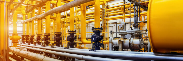 Oil and gas processing plant with pipe line valves. AI generative