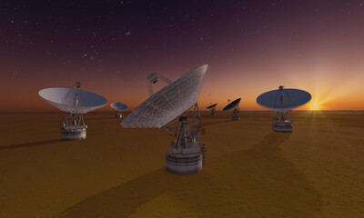 Antennas of radio telescopes against the background sunset sky. Elements of this image furnished by NASA. 3D render illustration.