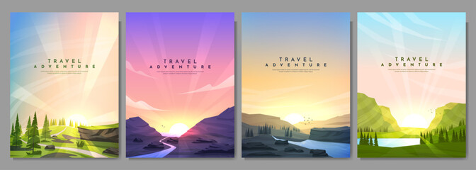 Vector illustration. A set of landscapes in a flat style. Sunrise morning forest, evening sunset scene, misty terrain with slopes, mountains by lake. Design for poster, cover, layout, brochure, flyer - obrazy, fototapety, plakaty