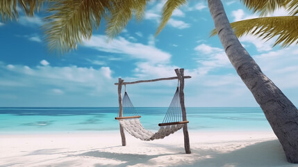 Tropical beach background, summer relax landscape with beach swing or hammock and white sand and calm sea. AI generative