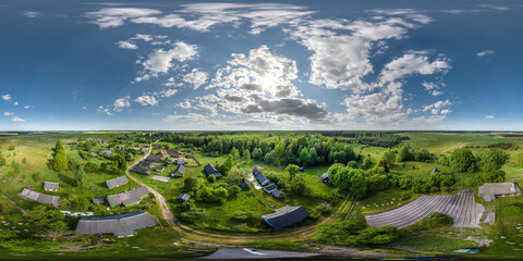 360 hdri panorama view over abandoned eco village in middle of woods in equirectangular spherical...