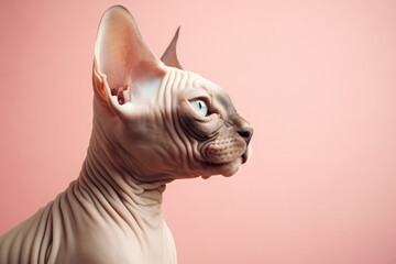 Naklejka premium Side Portrait of sphinx cat isolated on pastel pink background with copy space. Template banner of pet store, pet products, veterinary clinic. Cute bald Egyptian kitten. Generative AI photo imitation.