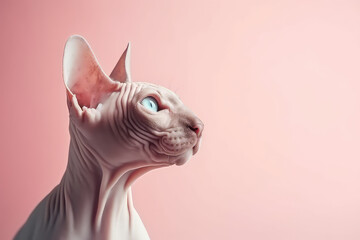 Naklejka premium Portrait of sphinx cat isolated on pastel pink background with copy space. Template banner for veterinary clinic. Cute bald Egyptian cat. Generative AI photo imitation.