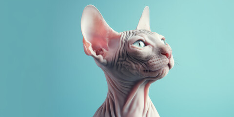 Portrait of sphinx cat isolated on pastel blue flat background with copy space. Template banner of pet store, pet products, veterinary clinic. Cute bald Egyptian cat. Generative AI photo imitation.