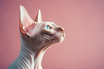 Portrait of sphinx cat isolated on pastel pink flatlay background with copy space. Template banner of pet store, pet products, veterinary clinic. Cute bald Egyptian cat. Generative AI photo imitation.