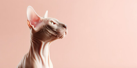 Portrait of sphinx cat isolated on pastel pink background with copy space. Template banner of pet store, pet shop, veterinary clinic. Cute bald Egyptian cat. Generative AI photo imitation.