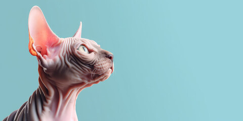 Naklejka premium Portrait of pretty sphinx cat isolated on pastel blue background with copy space. Template banner of pet store, pet products, veterinary clinic. Cute bald Egyptian cat. Generative AI photo imitation.