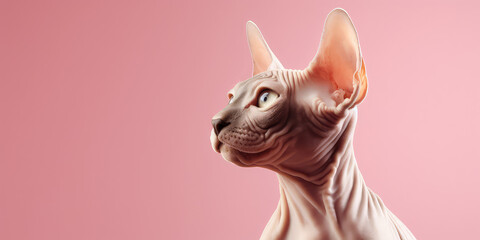 Portrait of sphinx cat head isolated on pastel pink background with copy space. Template banner of pet store, pet products, veterinary clinic. Cute bald Egyptian cat. Generative AI photo imitation.