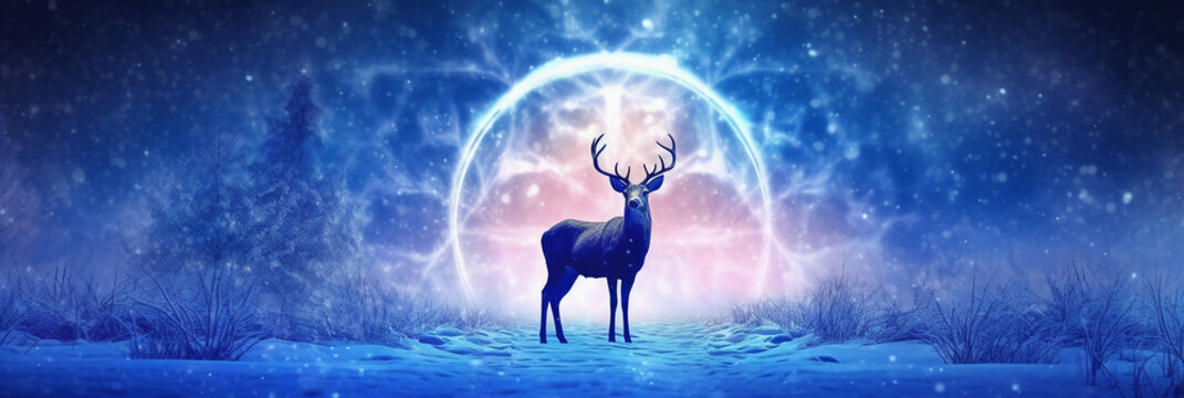 roe deer, snow scene, Long exposure light photography neon octane render of bright blue northern. AI generative