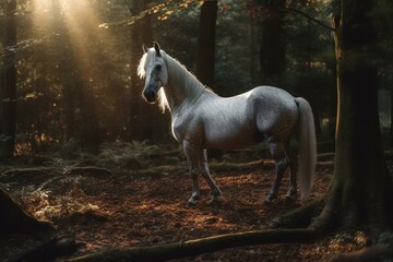 Obraz na płótnie Canvas Beautiful unicorn in an enchanted clearing. Generative AI