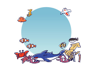 手書き水彩風の海の生き物の見出し・フレーム