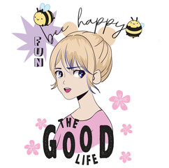 girl in pink, vector graphic design for t-shirt, anime girl illustration with slogan