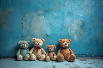 group of stuffed bears are sitting in front of a blue wall, creative ai