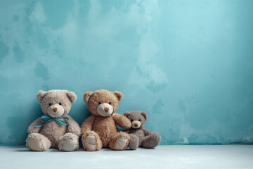 group of stuffed bears are sitting in front of a blue wall, creative ai