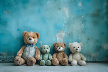 group of stuffed bears are sitting in front of a blue wall, creative ai