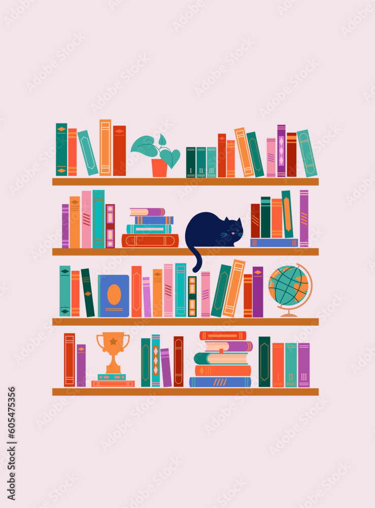 Wall mural bookshelf concept illustration. a lot of books on the shelf, clock, cat, plant and globe